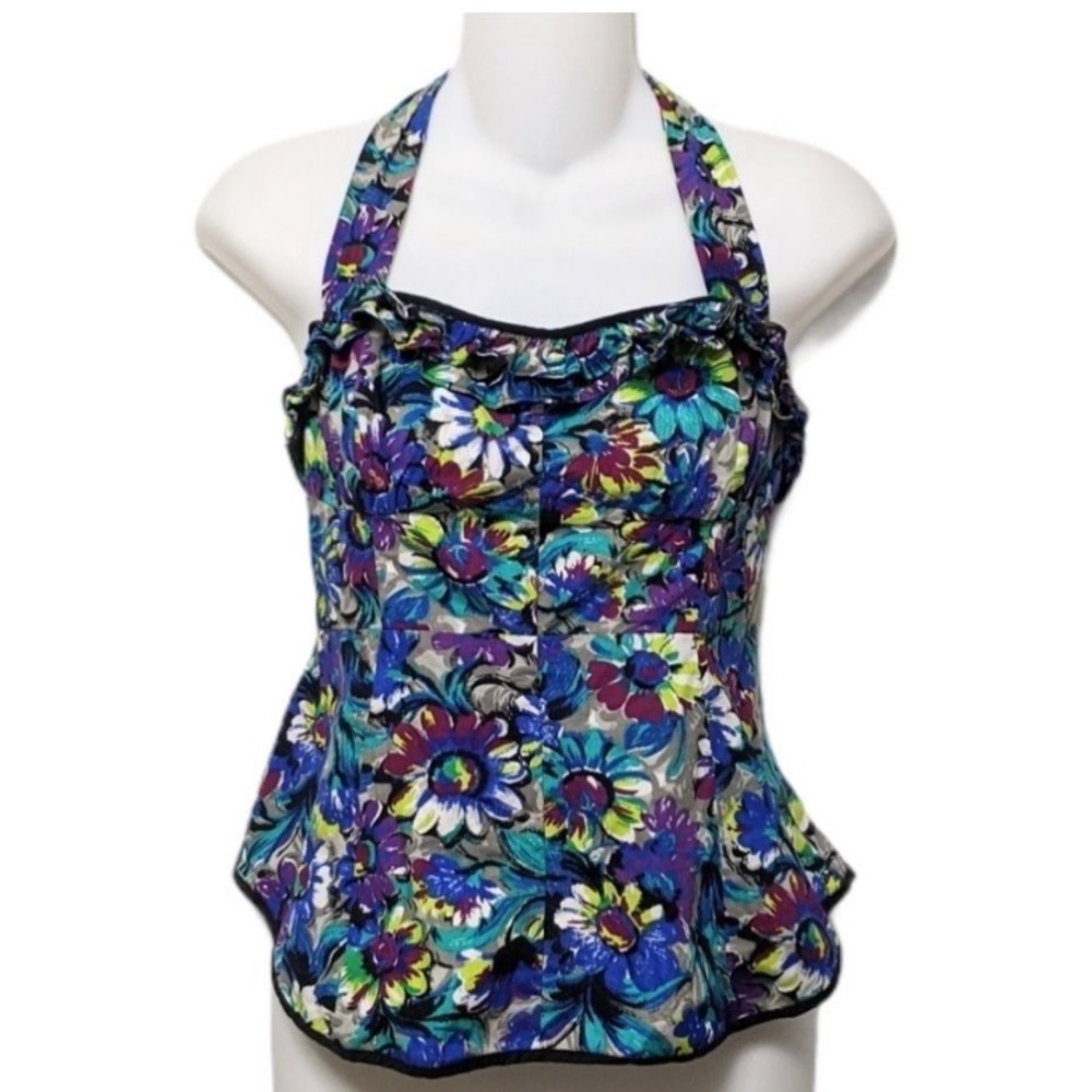 Odille Anthropologie Pop of Posies Floral Ruffle Halter Top Blouse Size 4 Blue.